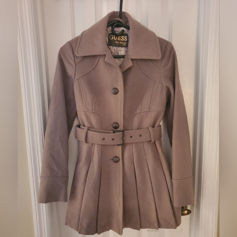 GUESS Wool Blend Pleated Pea Coat